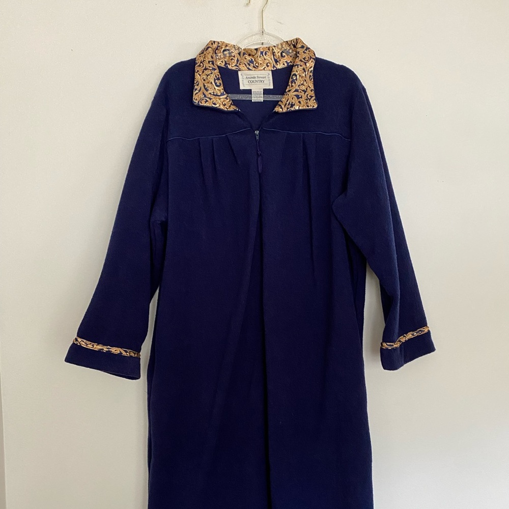 Amanda Stewart Country Long Gold damask navy Fleece Zip Robe Cottagecore L
